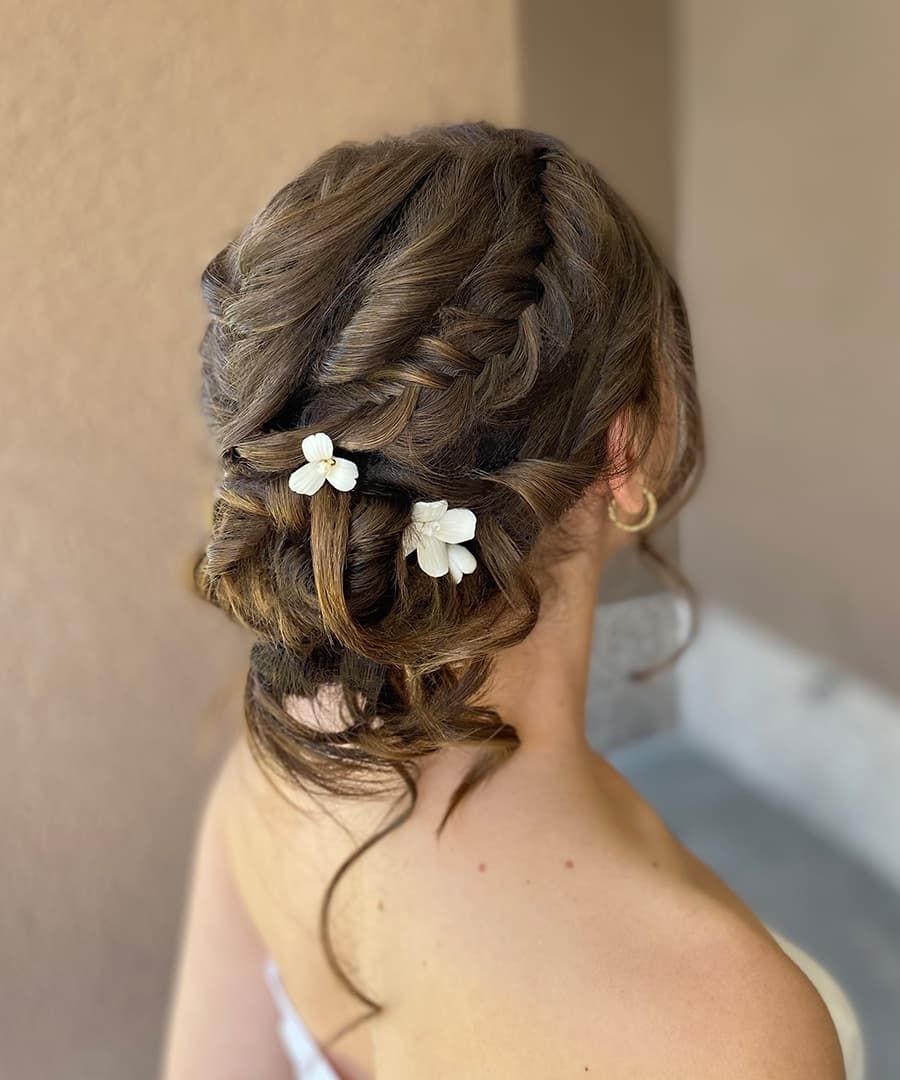 Dark Brown Braided Bun with Curls — Braided Low Bun