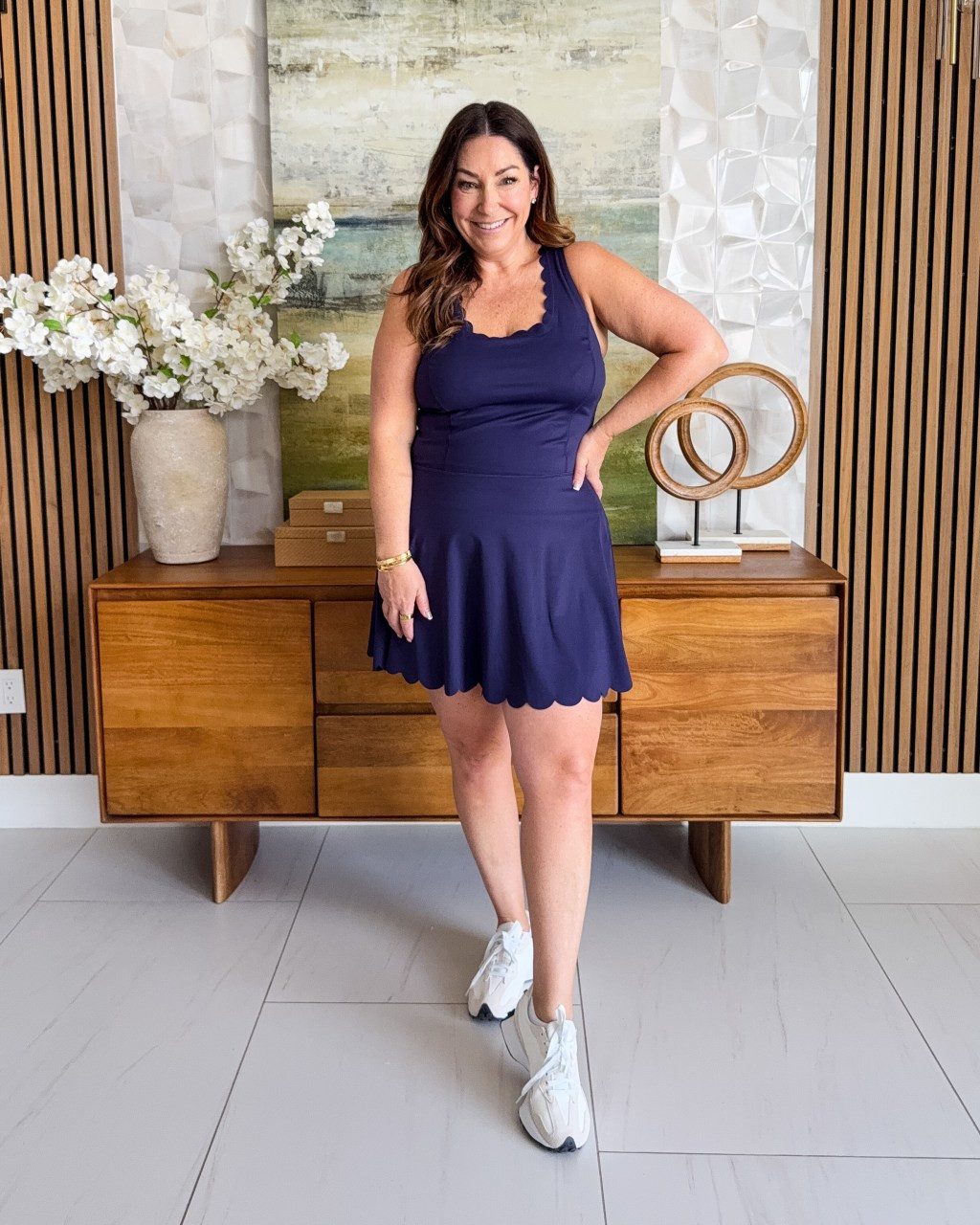 Navy Fit and Flare Dress with Scalloped Hem — Midsize Dresses
