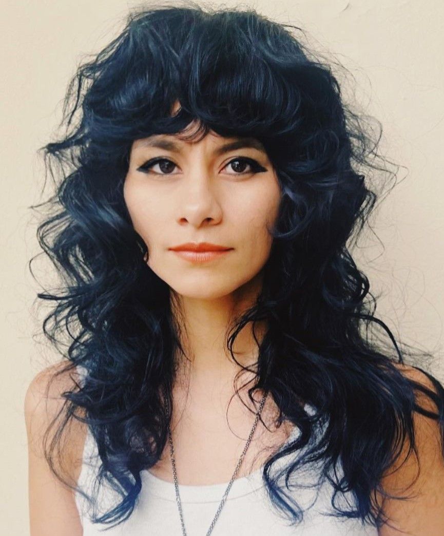 Long Dark Blue Styled Waves — Curly Wolf Cut