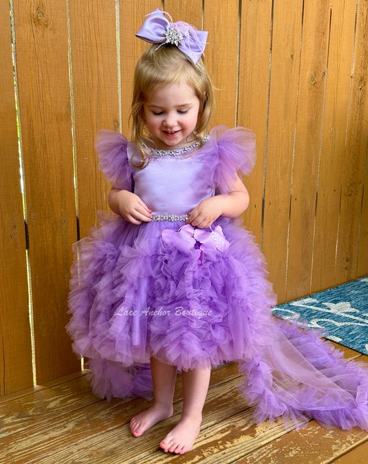 Lavender High-Low Pageant Dress with Ruffles and Butterfly Sleeves Lavender High-Low Pageant Dress with Ruffles and Butterfly Sleeves — Pageant Dresses
