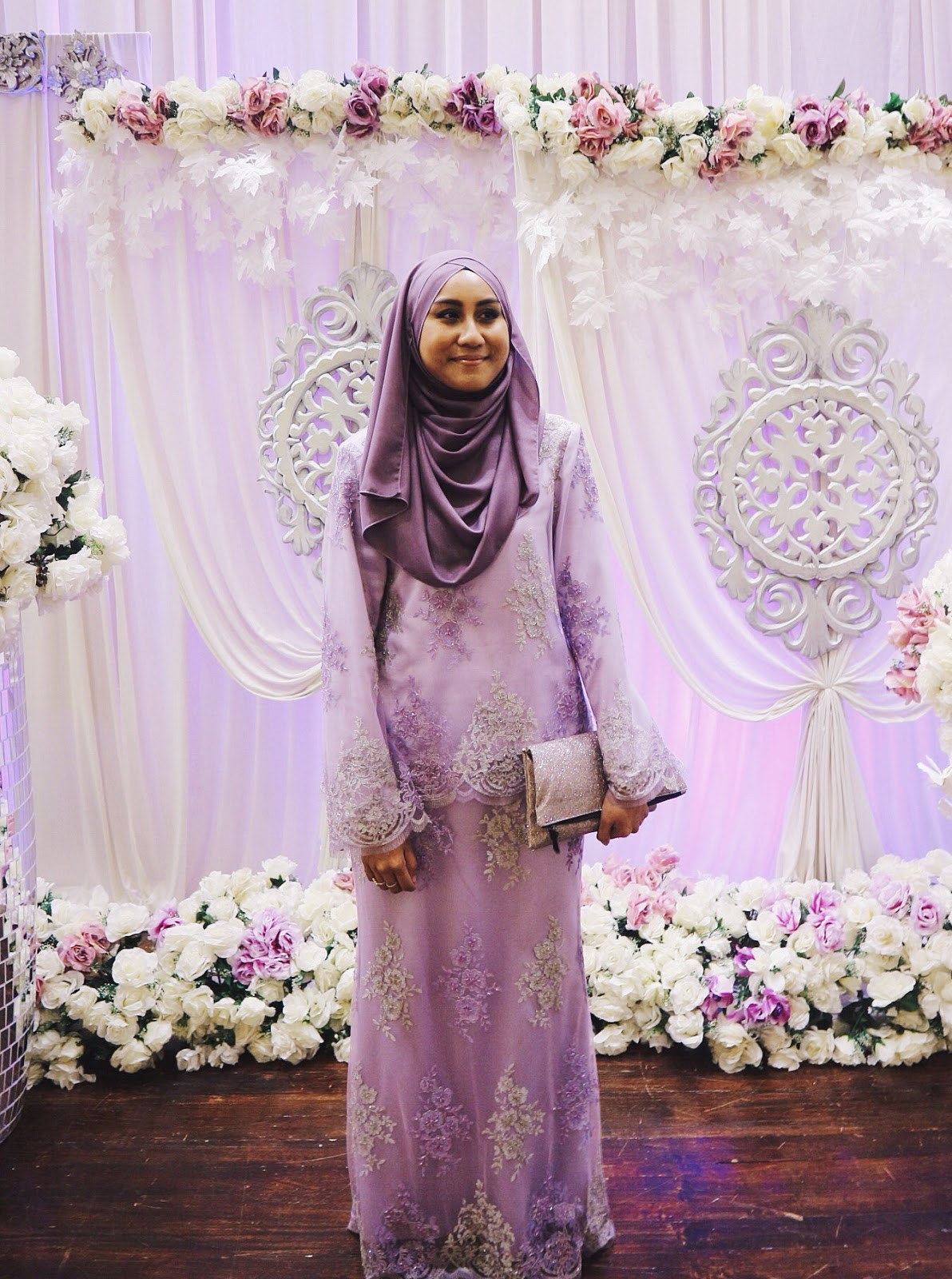 Lavender Embellished Long-Sleeve Dress and Matching Hijab Lavender Embellished Long-Sleeve Dress and Matching Hijab — Hijab Wedding Guest Outfits