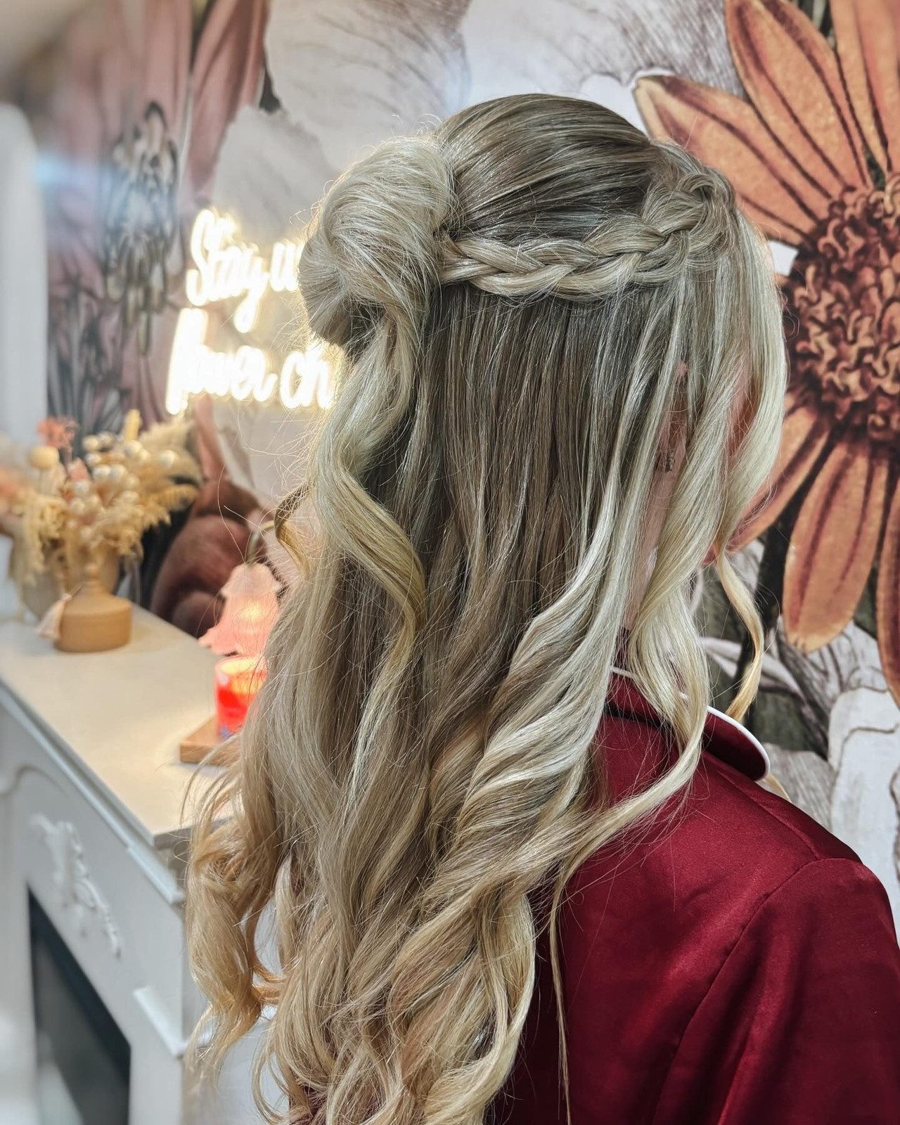 Ash Blonde Braided Crown Style — Prom Half Up Half Down