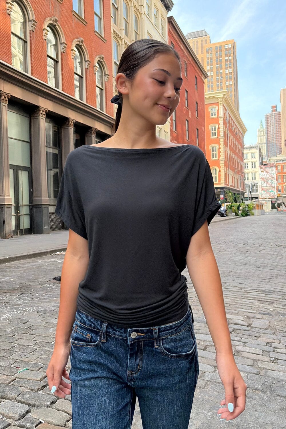 Black Off-The-Shoulder Dolman Sleeve Top Outfit Idea Black Off-The-Shoulder Dolman Sleeve Top Outfit Idea — Brandy Melville Outfits