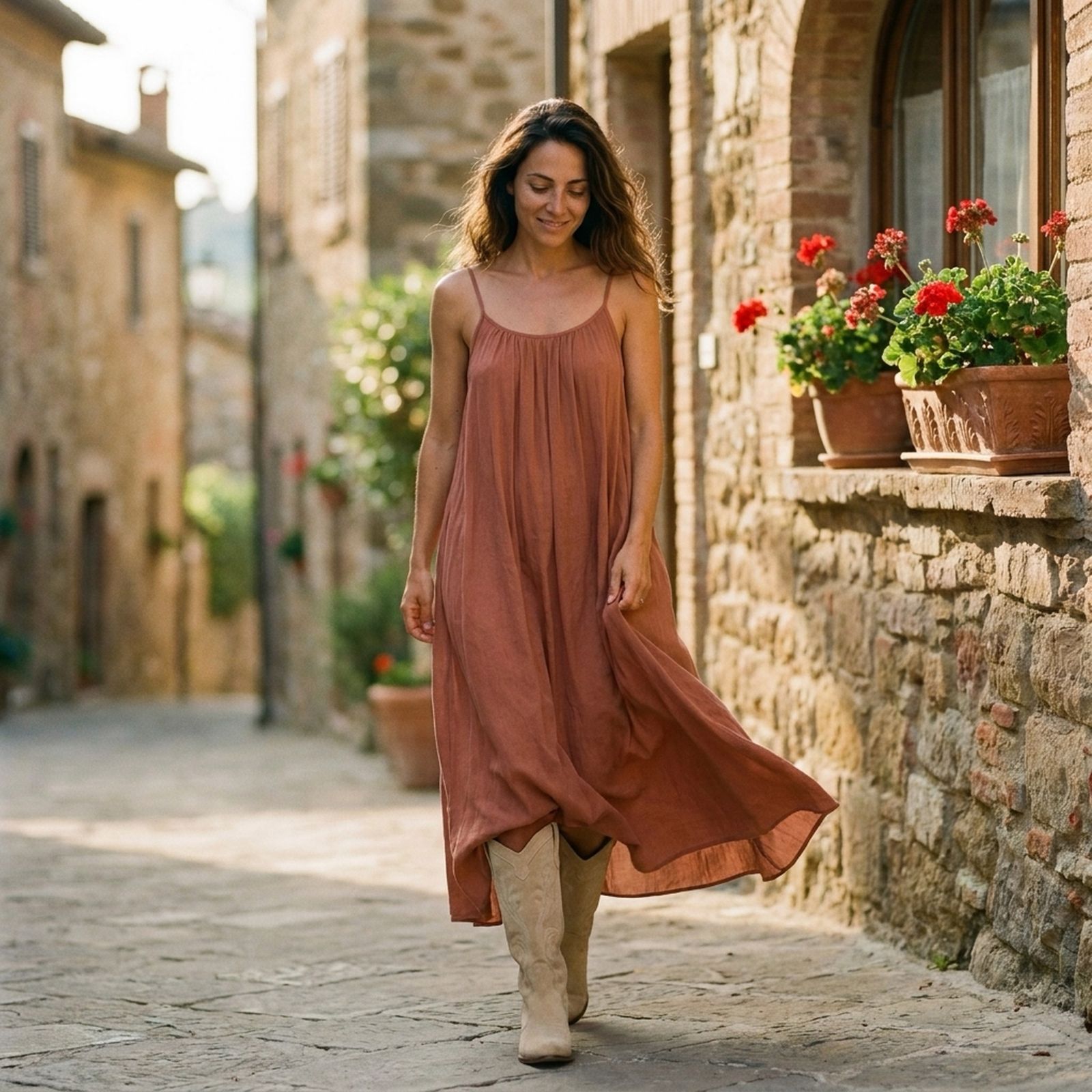 Beige Cowboy Boots with a Rust-Colored Maxi Dress — Cowboy Boots Outfits