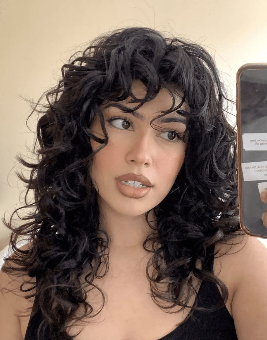 Dark Brown Curly Thick Hair With Micro Bangs — Long Wolf Cut