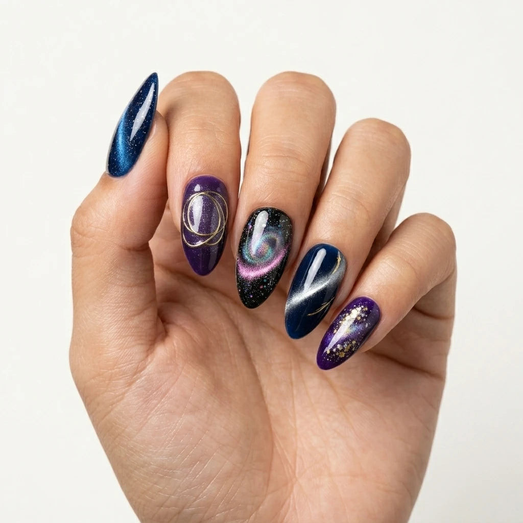 Purple Navy Cat Eye Almond Press On Nails Galaxy Nebula Glitter – Mophonic