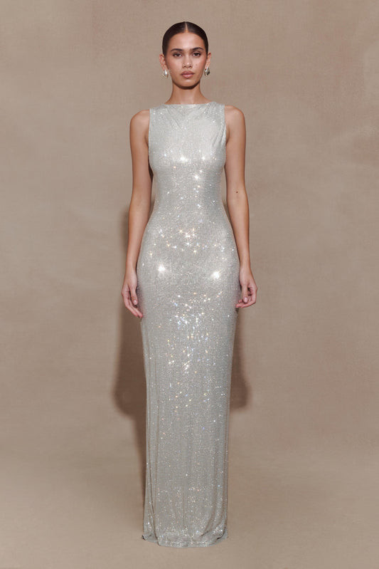 Silver Sequin Column Dress with High Neckline Silver Sequin Column Dress with High Neckline — Sparkly Dresses