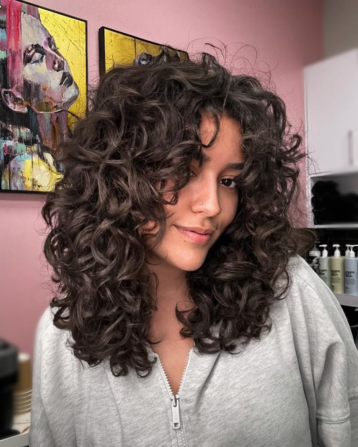 Shoulder Length Butterfly With Curly Bangs — Butterfly Haircut Curly Hair