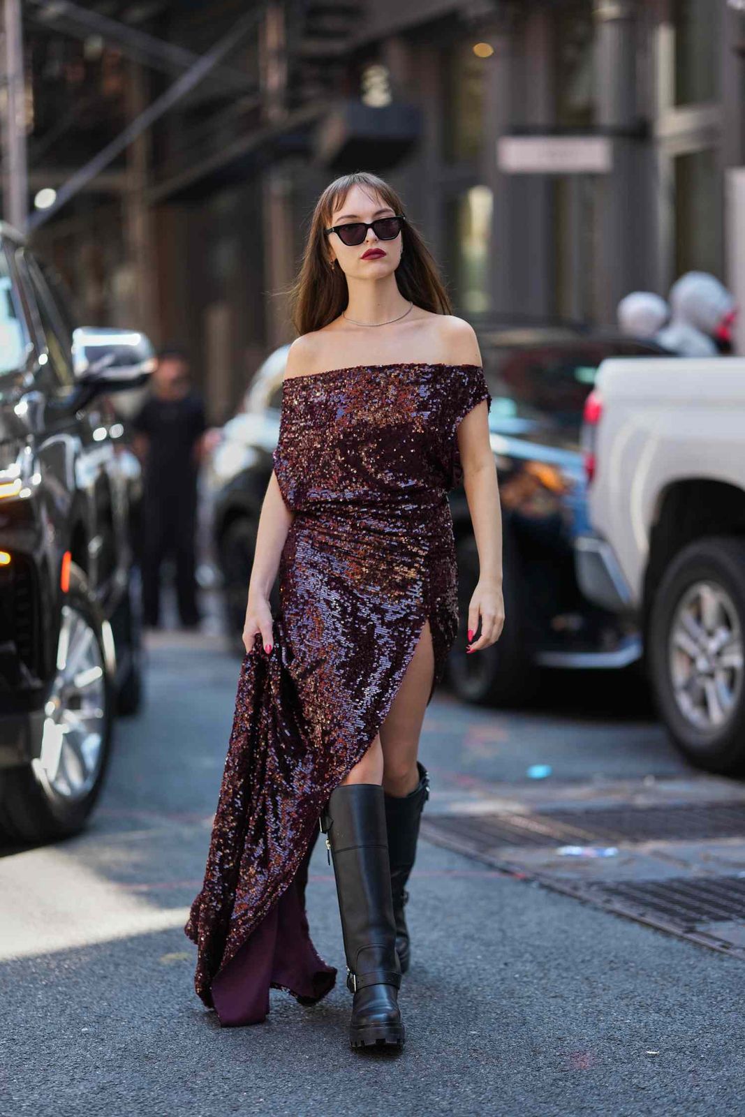 Burgundy Sequin Maxi Dress with Chunky Boots Burgundy Sequin Maxi Dress with Chunky Boots — Sequin Dress Outfits