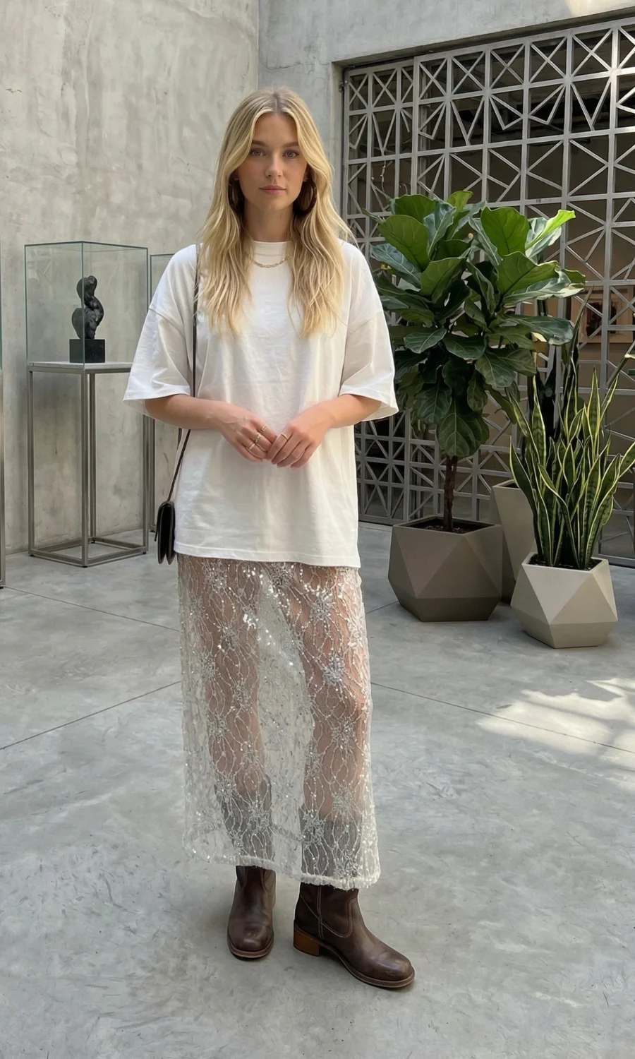 Sequined Mesh Maxi Skirt with Oversized Tee — Long Skirt Outfits