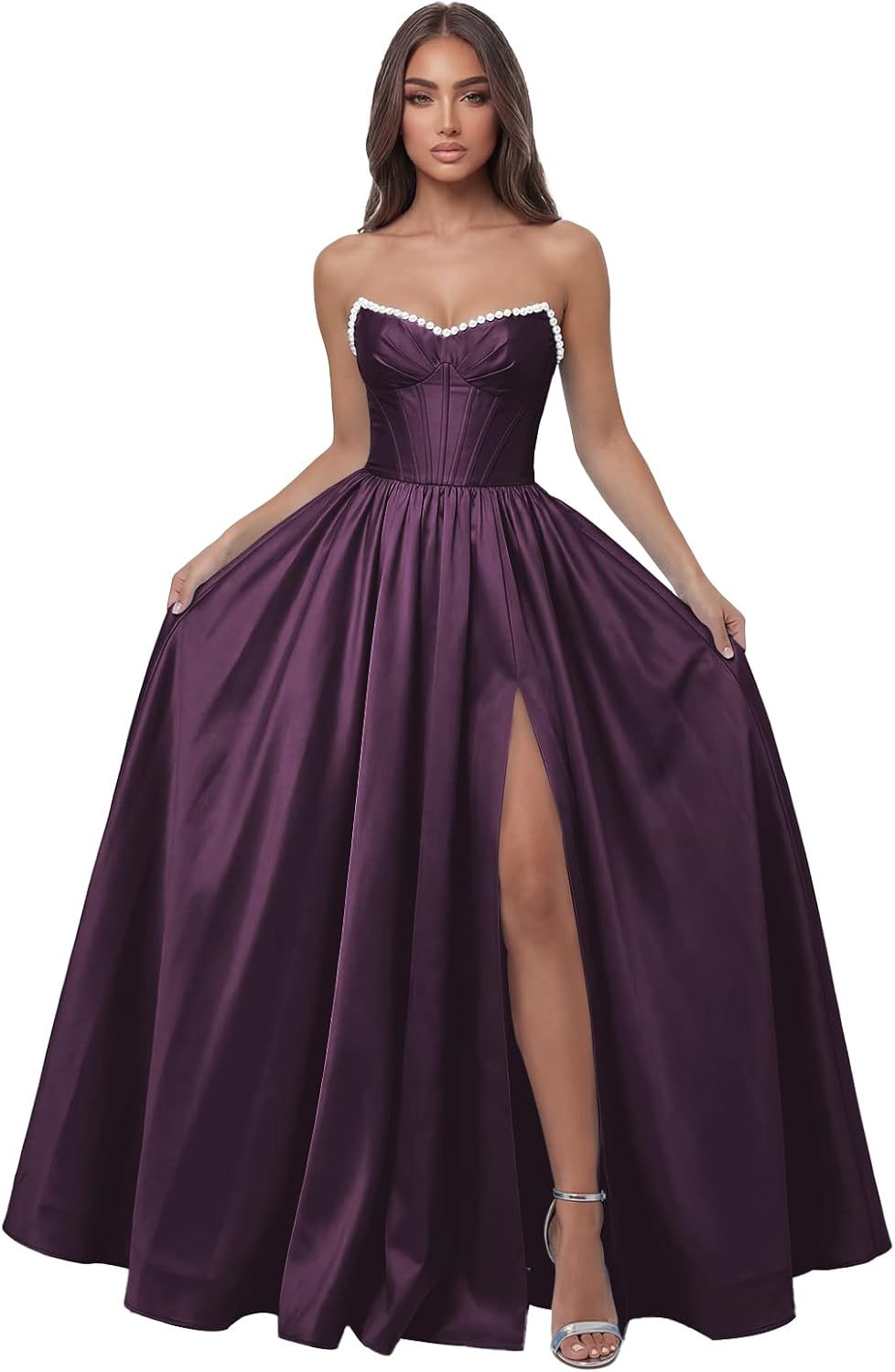 Plum Satin Strapless Ball Gown with High Slit — Sweet 16 Dresses