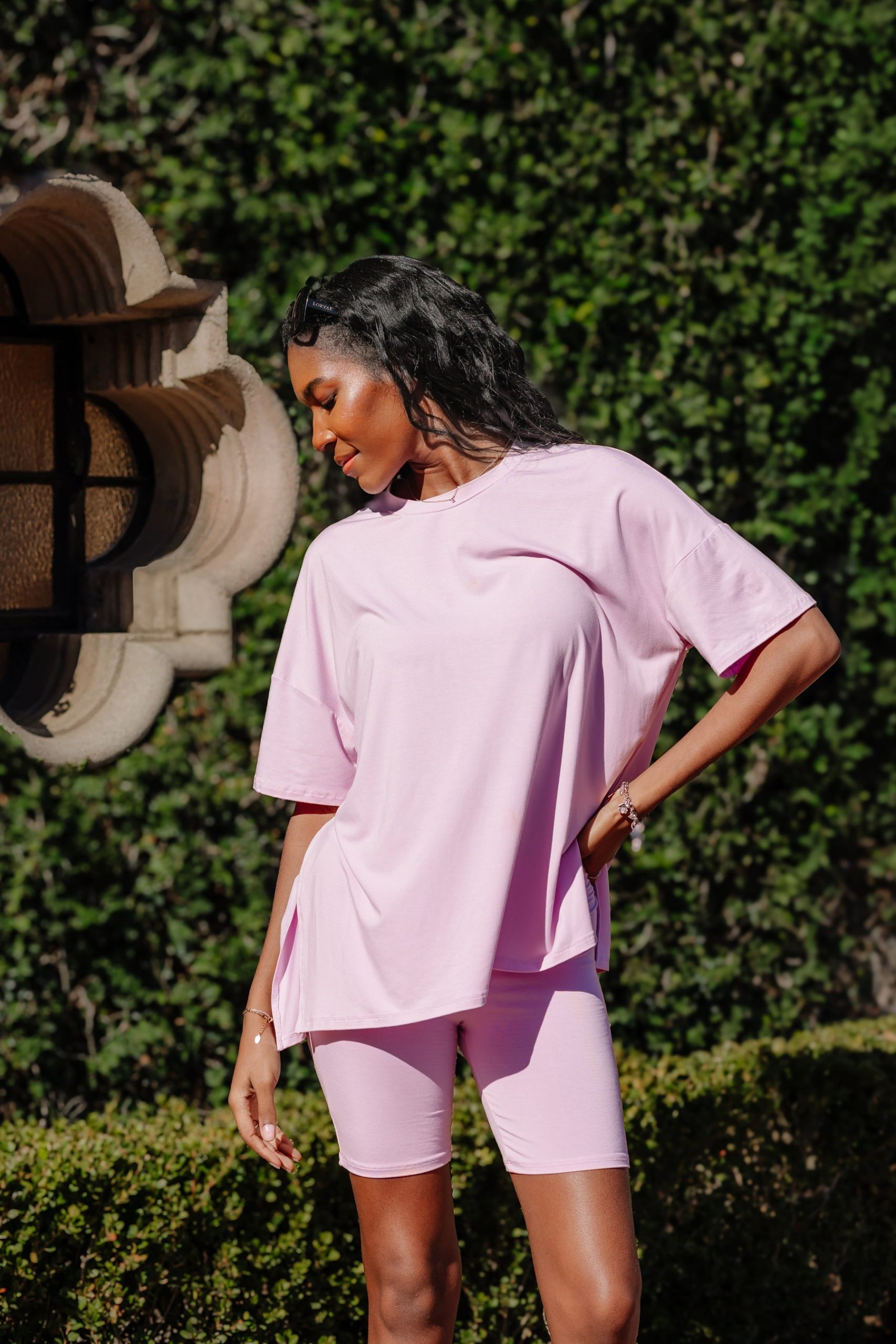 Pink Biker Shorts Set With Matching Oversized Tee — Biker Shorts Outfits