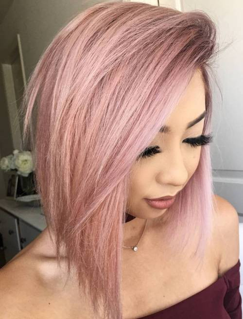 Rose Gold Angled Bob With Side Bangs Rose Gold Angled Bob With Side Bangs — Hairstyles for Chubby Faces