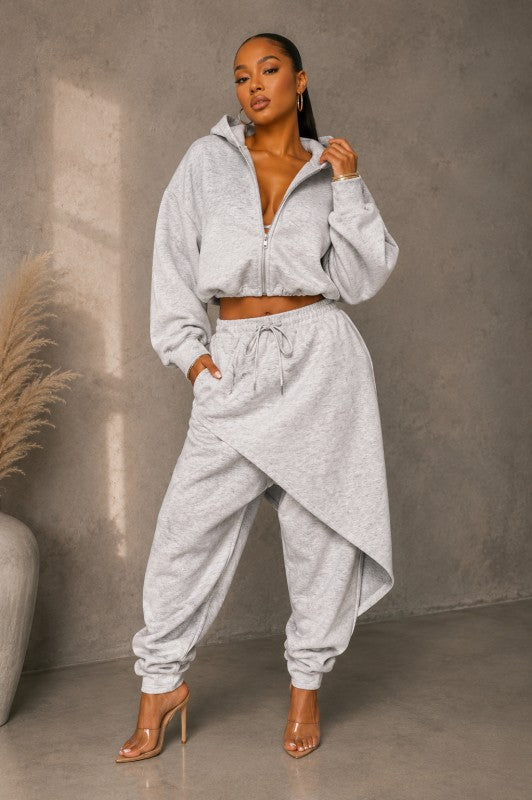 Light Grey Terrycloth Loungewear Set with Draped Overlay Light Grey Terrycloth Loungewear Set with Draped Overlay — Two Piece Outfits