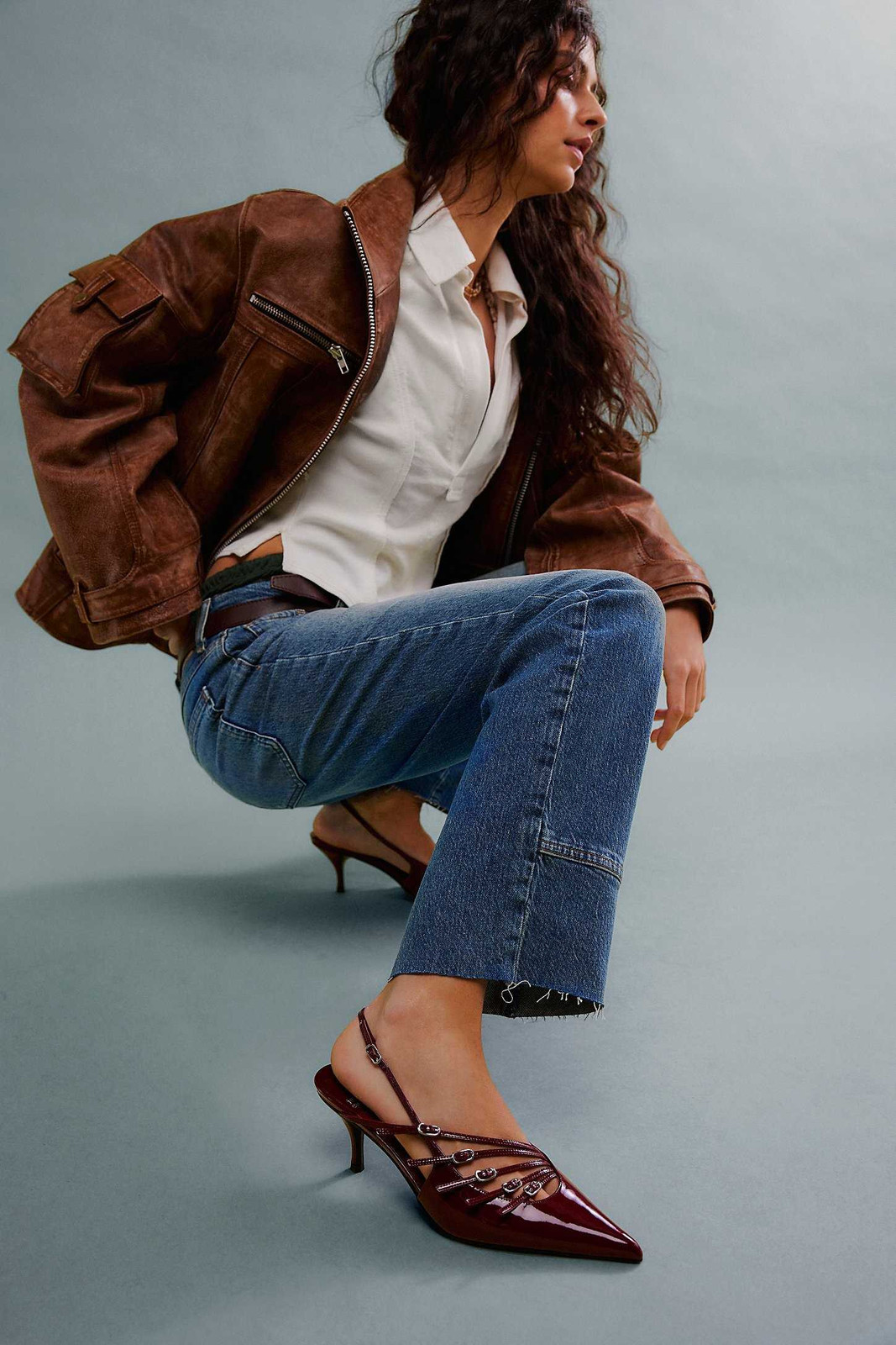 Casual Cool: Burgundy Slingback Heels with Leather Jacket and Jeans Casual Cool: Burgundy Slingback Heels with Leather Jacket and Jeans — Heels Outfits