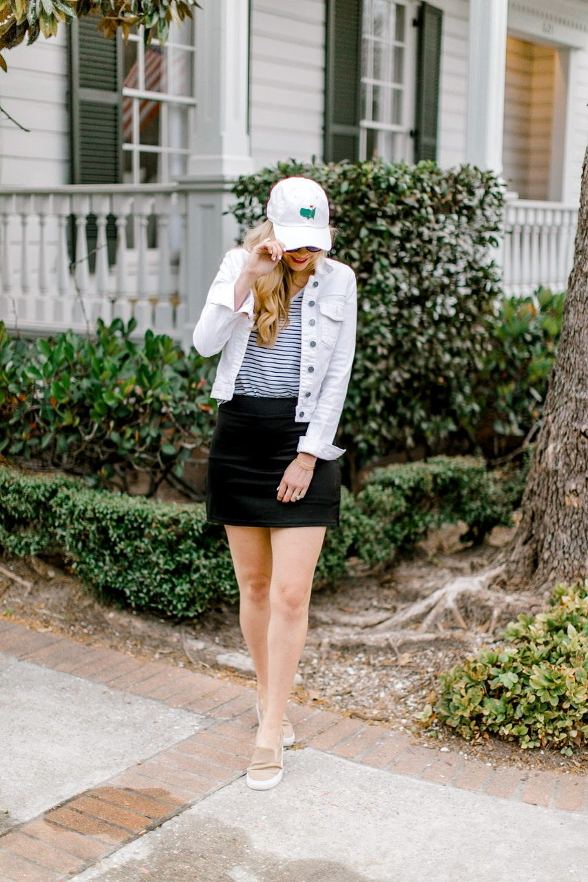 Denim Jacket Layered Over Striped Top and Mini Skirt — Golf Tournament Outfits