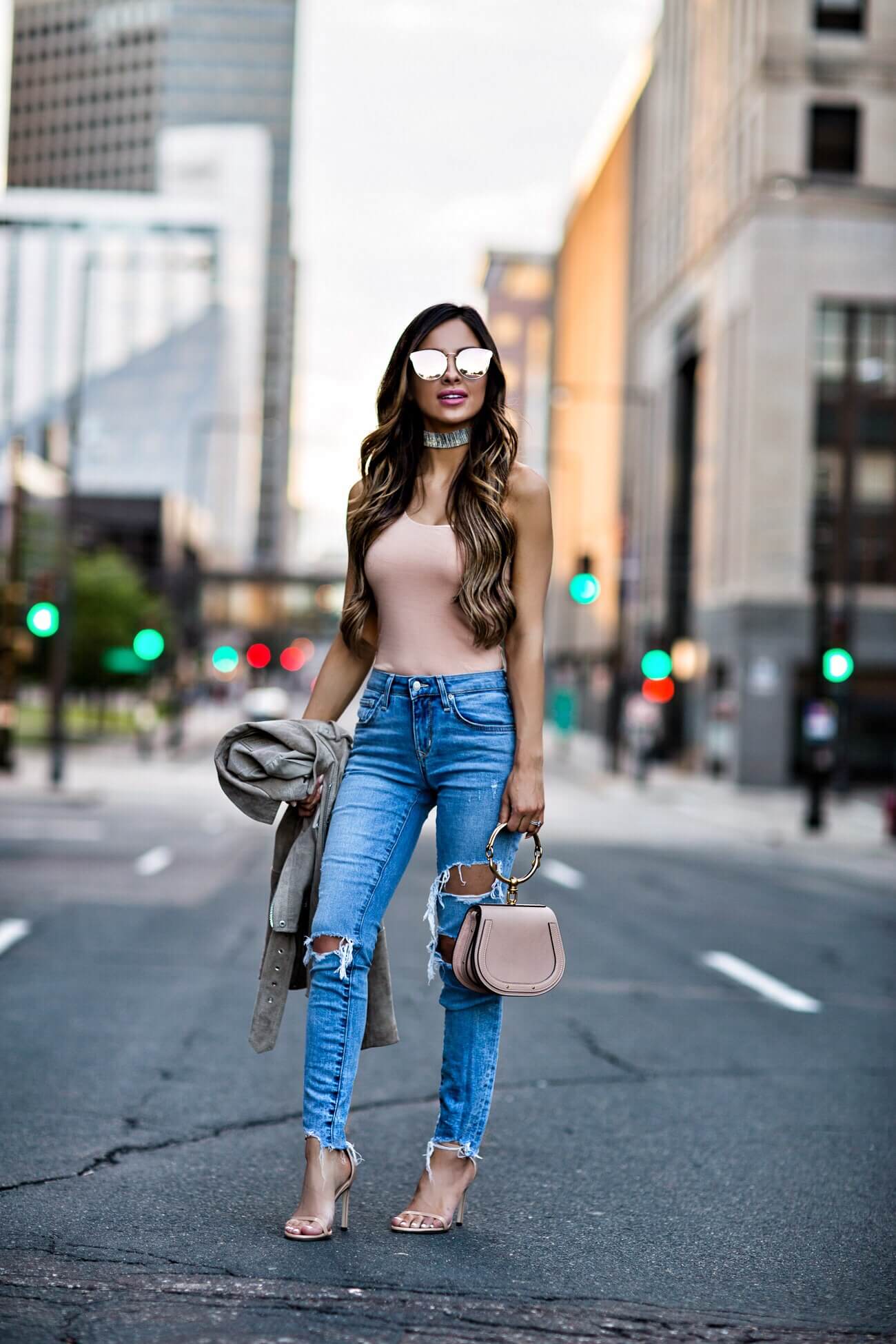 Nude Bodysuit with Distressed Skinny Jeans for Daytime Casual — Bodysuit Outfits