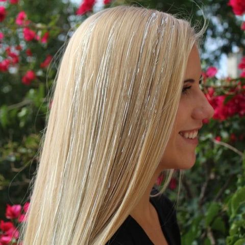 Silver Tinsel on Long Blonde Waves — Hair Tinsel
