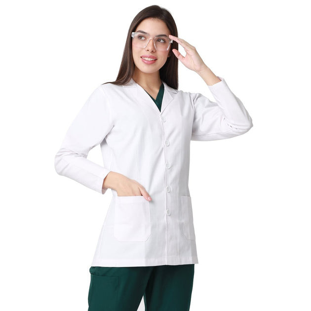 Crisp White Lab Coat Over Dark Green Scrubs Crisp White Lab Coat Over Dark Green Scrubs — Doctor Outfits Women