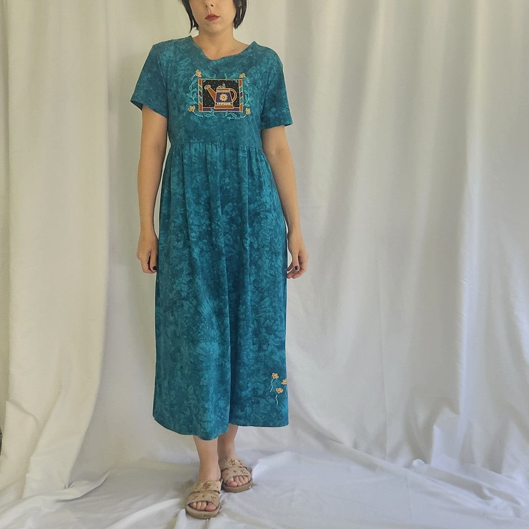 Teal Tie-Dye Dress with Embroidered Teapot Motif Teal Tie-Dye Dress with Embroidered Teapot Motif — Grandmacore Outfits