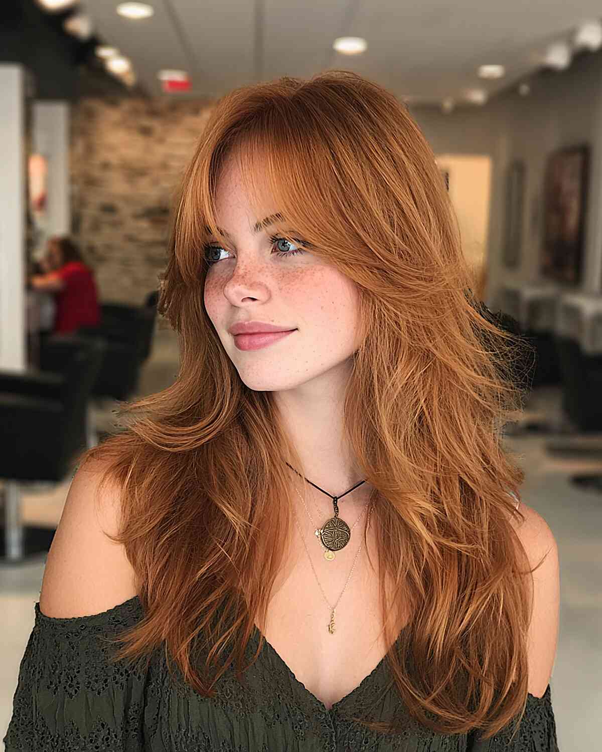 Olive Green Off-Shoulder Top with Layered Necklaces — Bottleneck Bangs