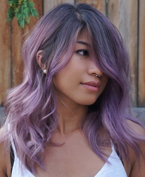Vibrant Lavender Lob with Dark Roots Vibrant Lavender Lob with Dark Roots — Lavender Hair