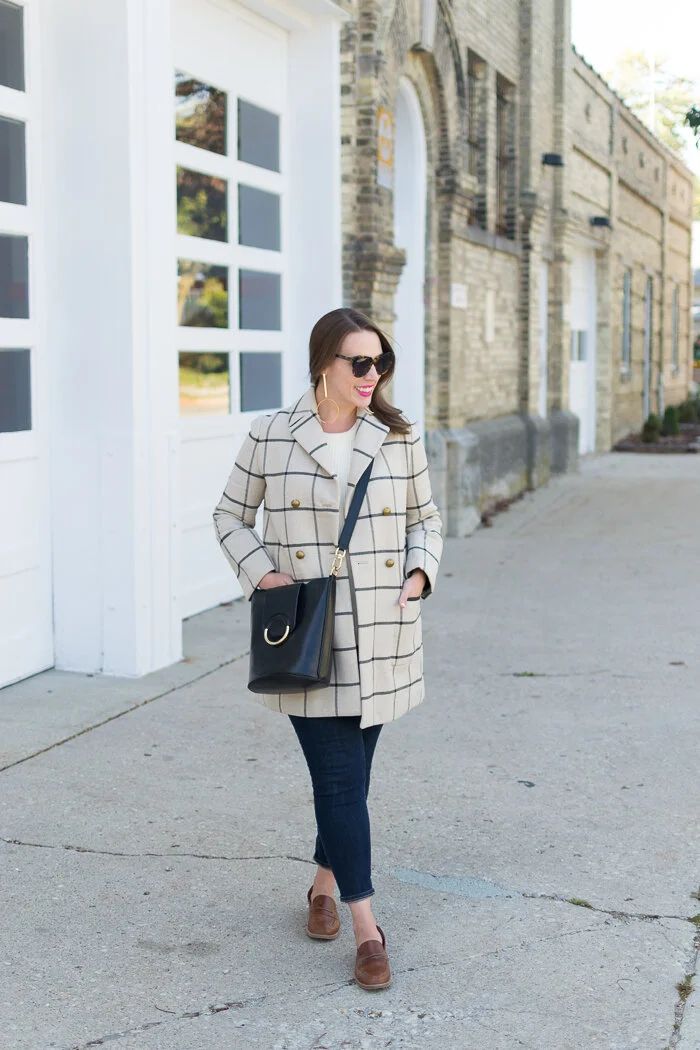 Casual Daytime Plaid Wool-Blend Coat Over Sweater and Jeans Casual Daytime Plaid Wool-Blend Coat Over Sweater and Jeans — Tory Burch Outfits