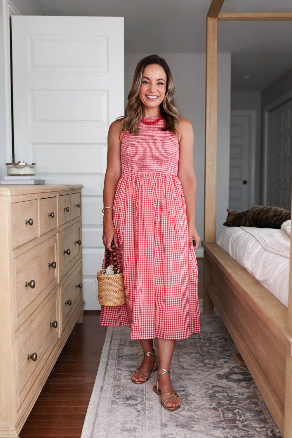 Red Gingham Midi Dress with Smocked Bodice and Gold Flat Sandals — Midi Dress Outfits