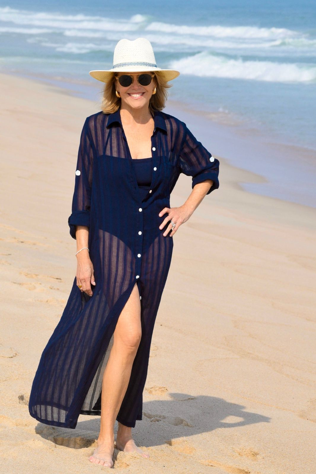 Breezy Beach Cover-Up: Navy Sheer Shirt Over Swimsuit — Cartagena Outfits