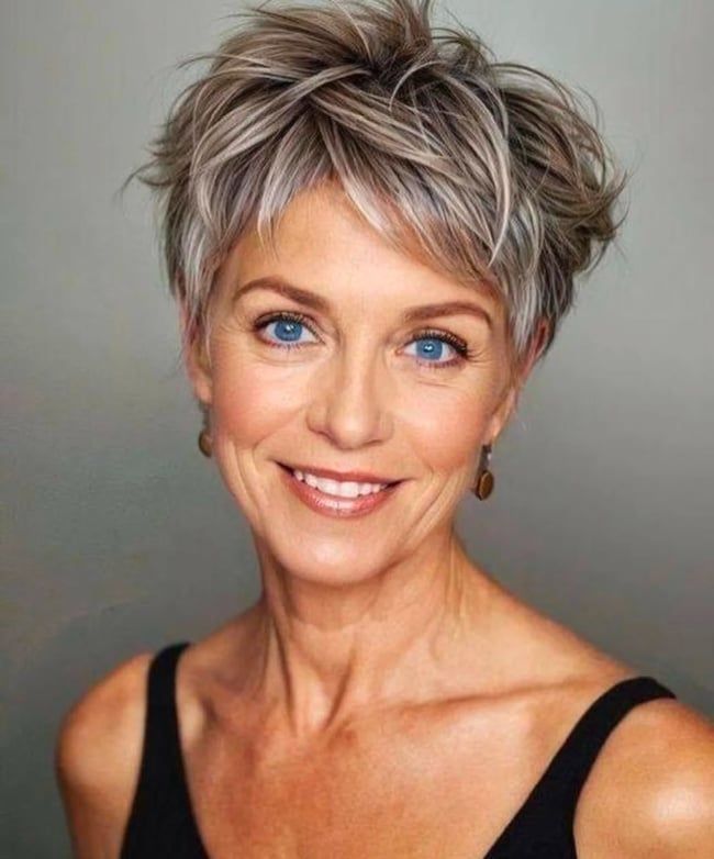 Voluminous Grey Blonde Pixie Voluminous Grey Blonde Pixie — Haircuts for Women Over 40