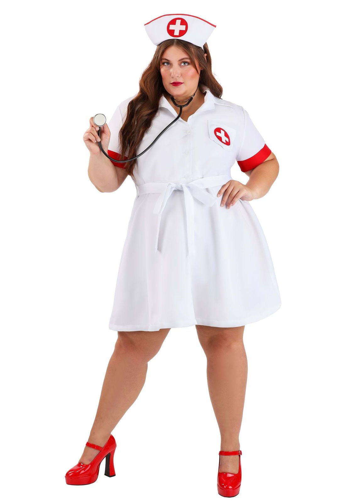 White Nurse Dress Costume with Red Platform Heels White Nurse Dress Costume with Red Platform Heels — Nurse Outfits