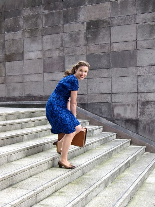 Chic Day Event: Blue Patterned Dress with Brown Pumps — Grandma Outfits