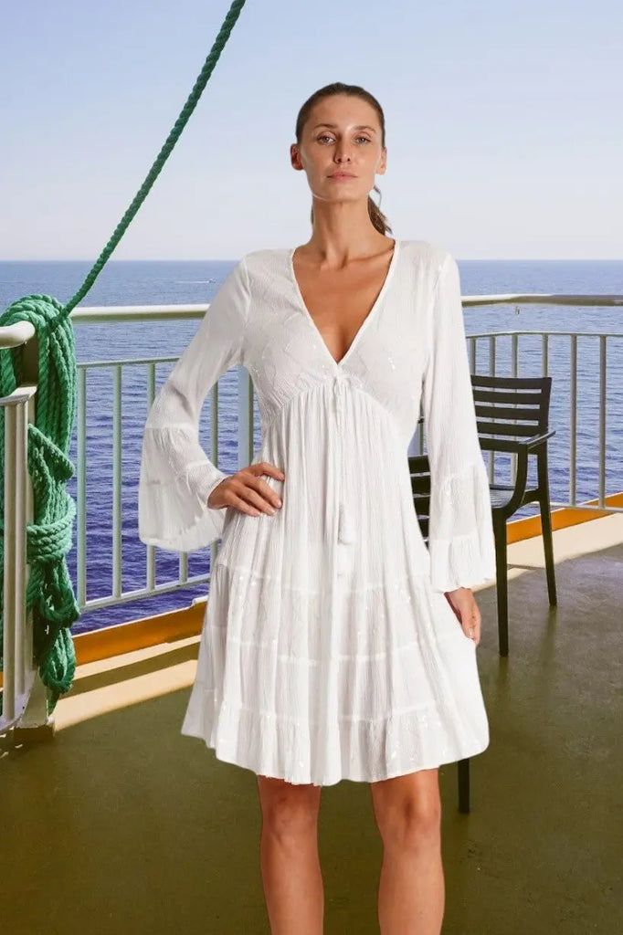 White Textured Mini Dress with Tassel Detail — Cruise Dresses