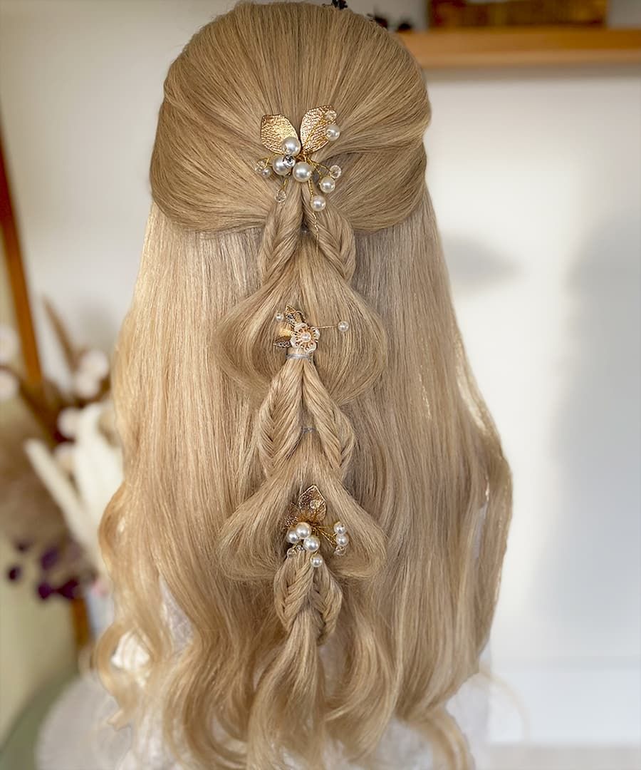 Half-Up With Cascading Braids and Pearl Pins — Boho Braided Wedding Hair