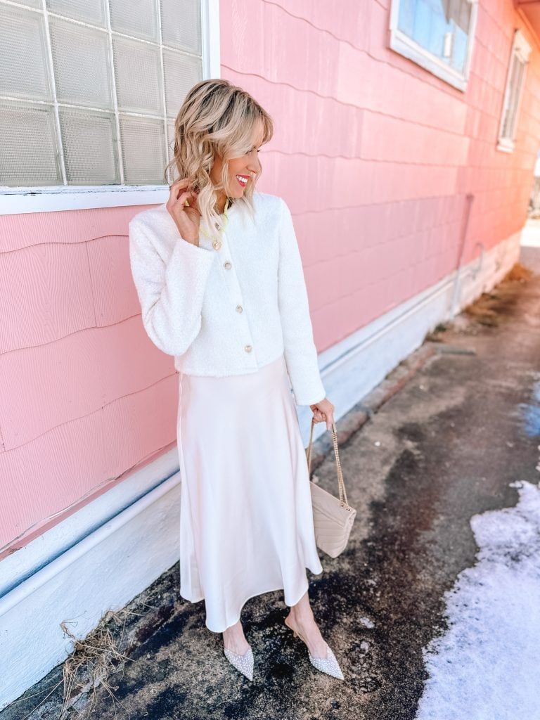 Cream Slip Skirt with Textured Cropped Jacket and Embellished Flats — Slip Skirt Outfits