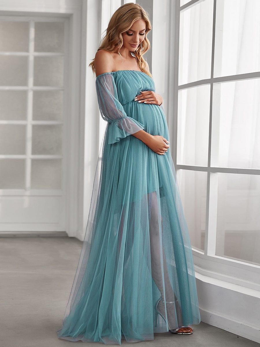 Teal Off-Shoulder Sheer Maternity Dress with Double Skirt Teal Off-Shoulder Sheer Maternity Dress with Double Skirt — Maternity Dresses