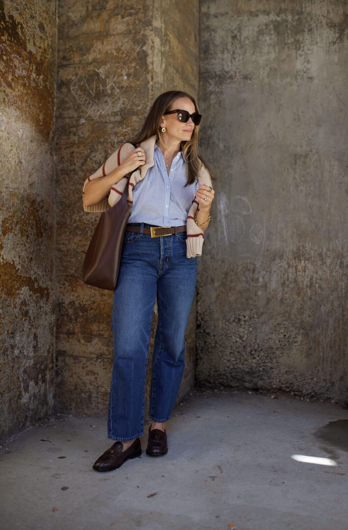 Brown Leather Loafers with Striped Shirt and Cardigan — Loafer Outfits