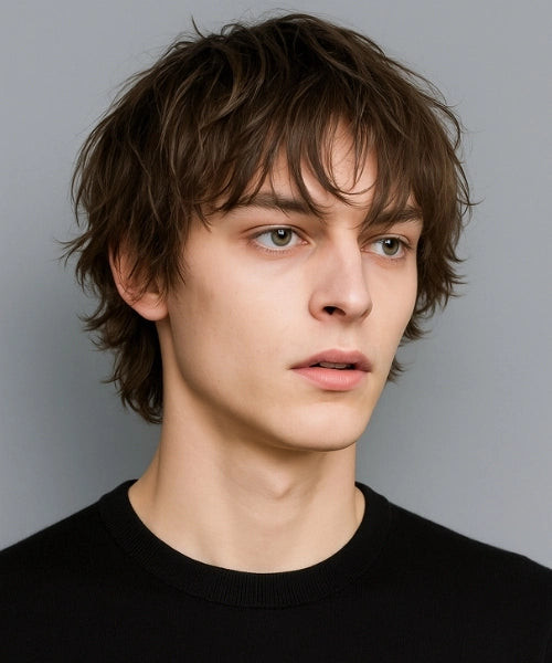 Dark Brown Shoulder Length Straight Layered — Fluffy Hair Men