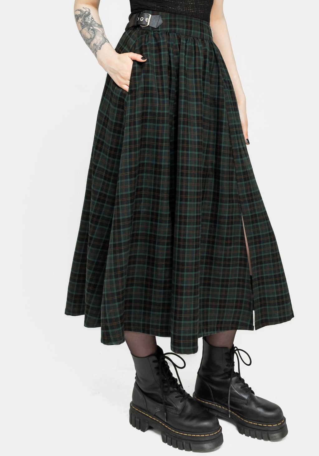 A-Line Plaid Midi Skirt with Side Slit and Combat Boots A-Line Plaid Midi Skirt with Side Slit and Combat Boots — Midi Skirts