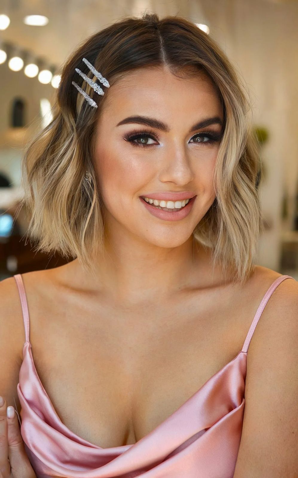 Dark Blonde Bob with Wavy Blowout and Clips Dark Blonde Bob with Wavy Blowout and Clips — Prom Hairstyles for Short Hair