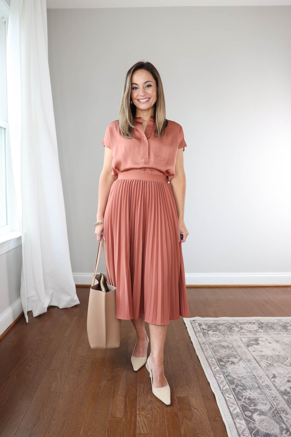 Dusty Rose Satin Pleats for Work or Smart Casual Dusty Rose Satin Pleats for Work or Smart Casual — Pleated Skirts