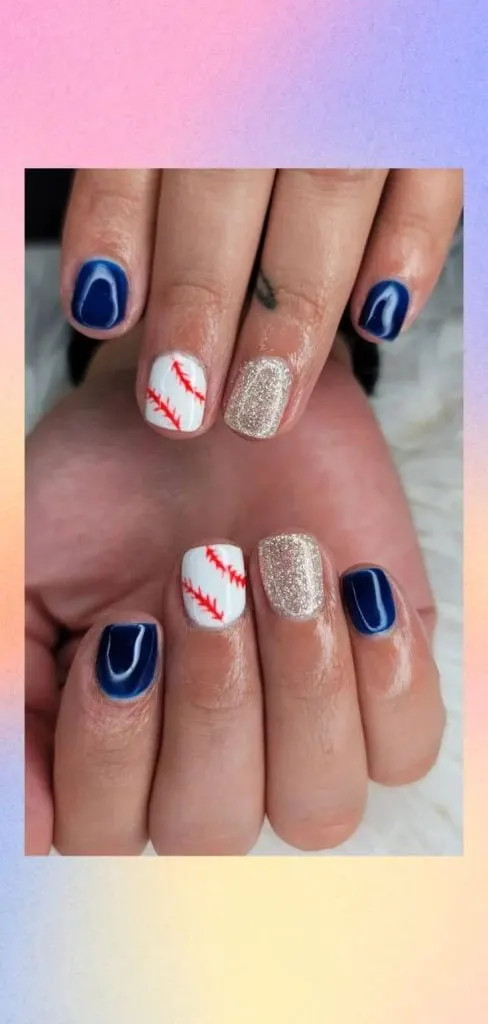 Navy & Silver Glitter Baseball Stitch Nails Navy & Silver Glitter Baseball Stitch Nails — Softball Mom Nails