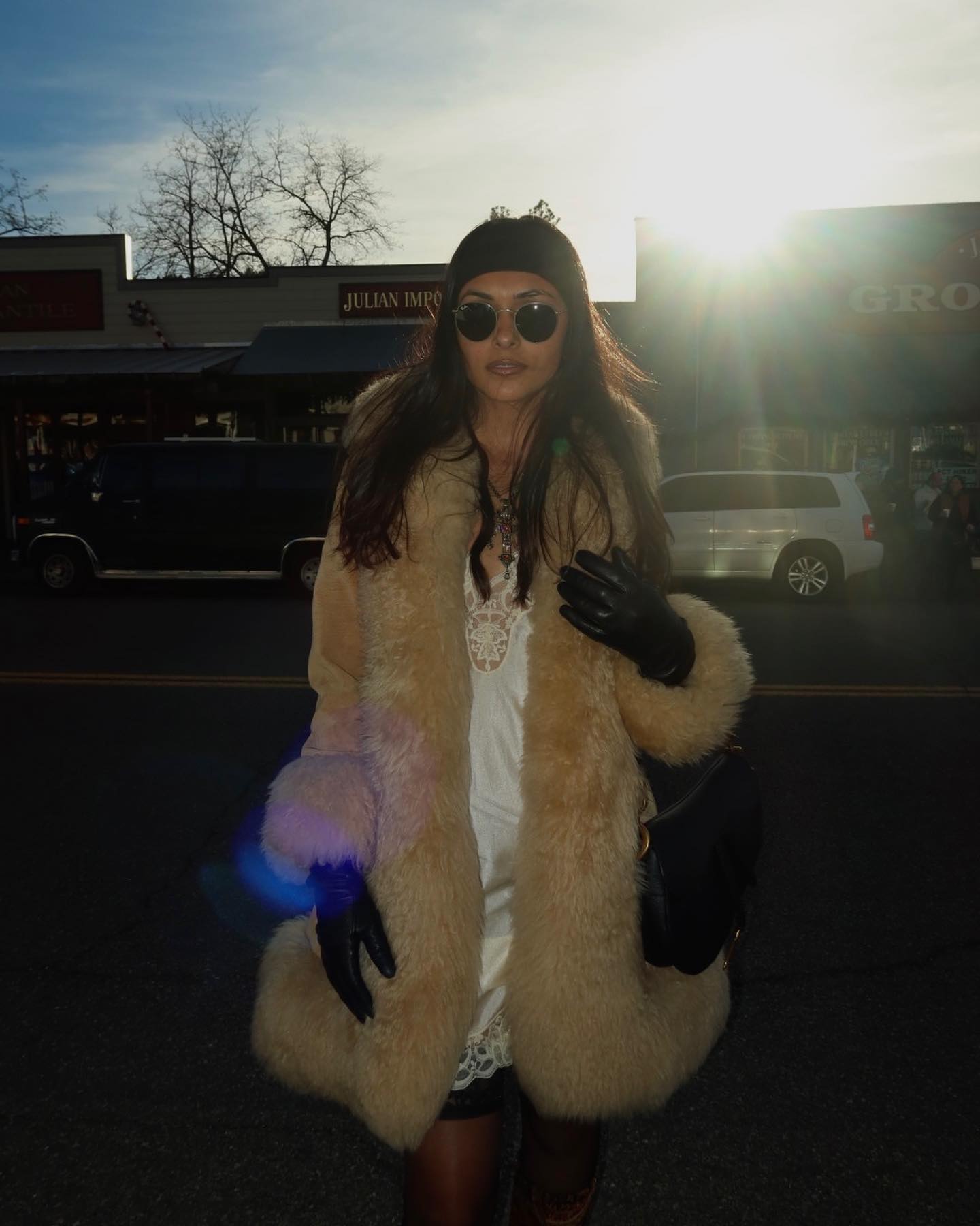 Cream Faux Fur Coat with Satin Slip Dress and Gloves — Indie Sleaze Outfits