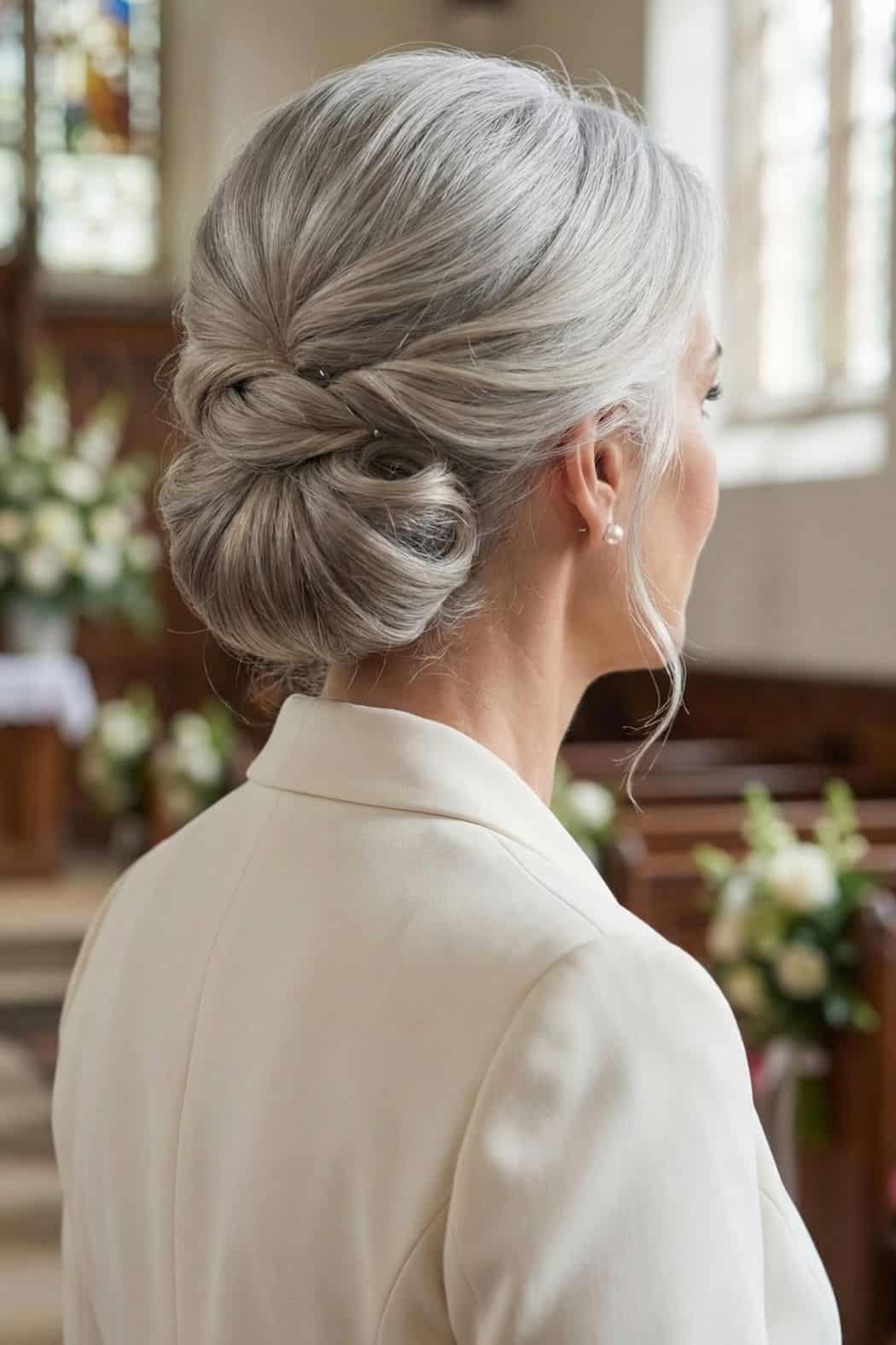 Low Braided Bun in Grey Hair — Updos for Medium Hair
