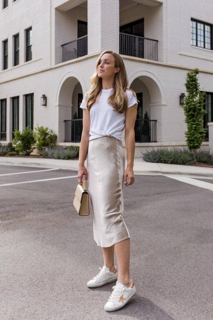 Beige Slip Skirt with White T-Shirt and Star-Detail Sneakers — Slip Skirt Outfits