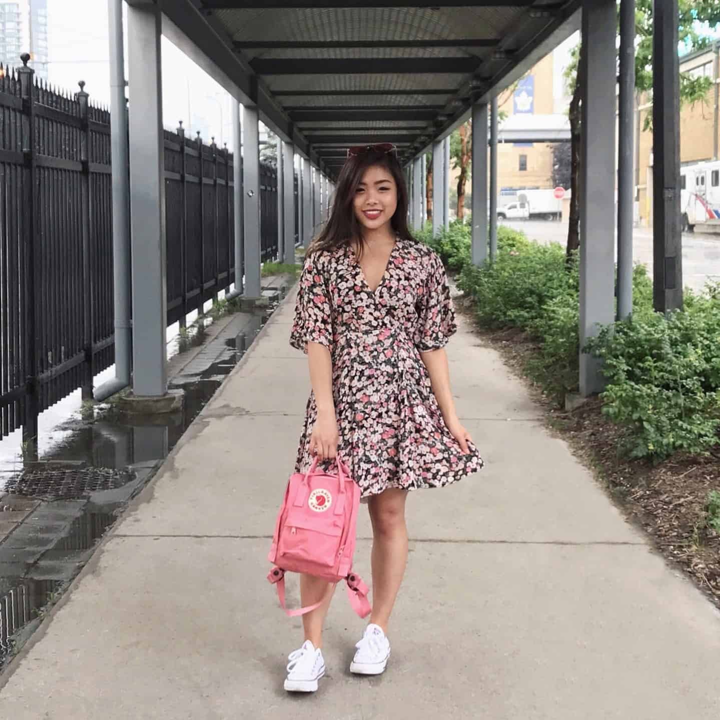 Floral Wrap Dress with White Sneakers and Pink Backpack Floral Wrap Dress with White Sneakers and Pink Backpack — Toronto Outfits