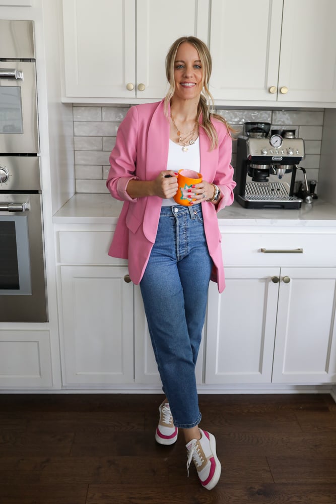 White Tank Top with Pink Blazer and Straight-Leg Jeans for Casual Chic — Tank Top Outfits