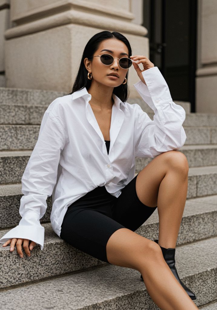 Streetwear Edge: Oversized Shirt with Biker Shorts Streetwear Edge: Oversized Shirt with Biker Shorts — Outfits for Women in Their 20s