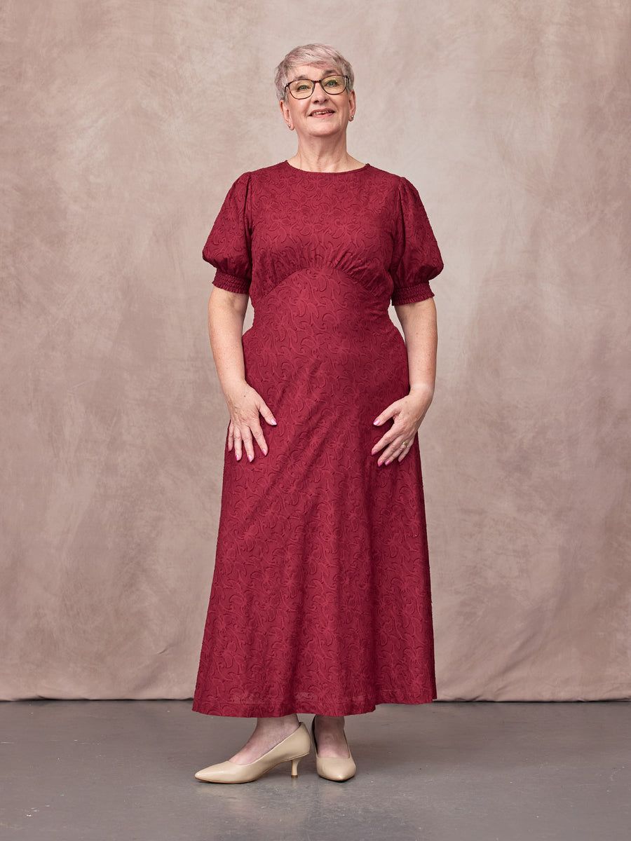 Textured Jacquard Midi Dress with Puff Sleeves Textured Jacquard Midi Dress with Puff Sleeves — Dresses for Women Over 60