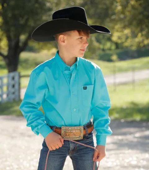 Vibrant Turquoise Long-Sleeve Shirt for Boys — Button Up Shirts